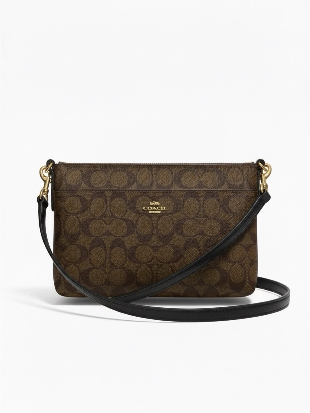 Coach Brown Signature Crossbody with Black Leather Strap and Gold Hardware